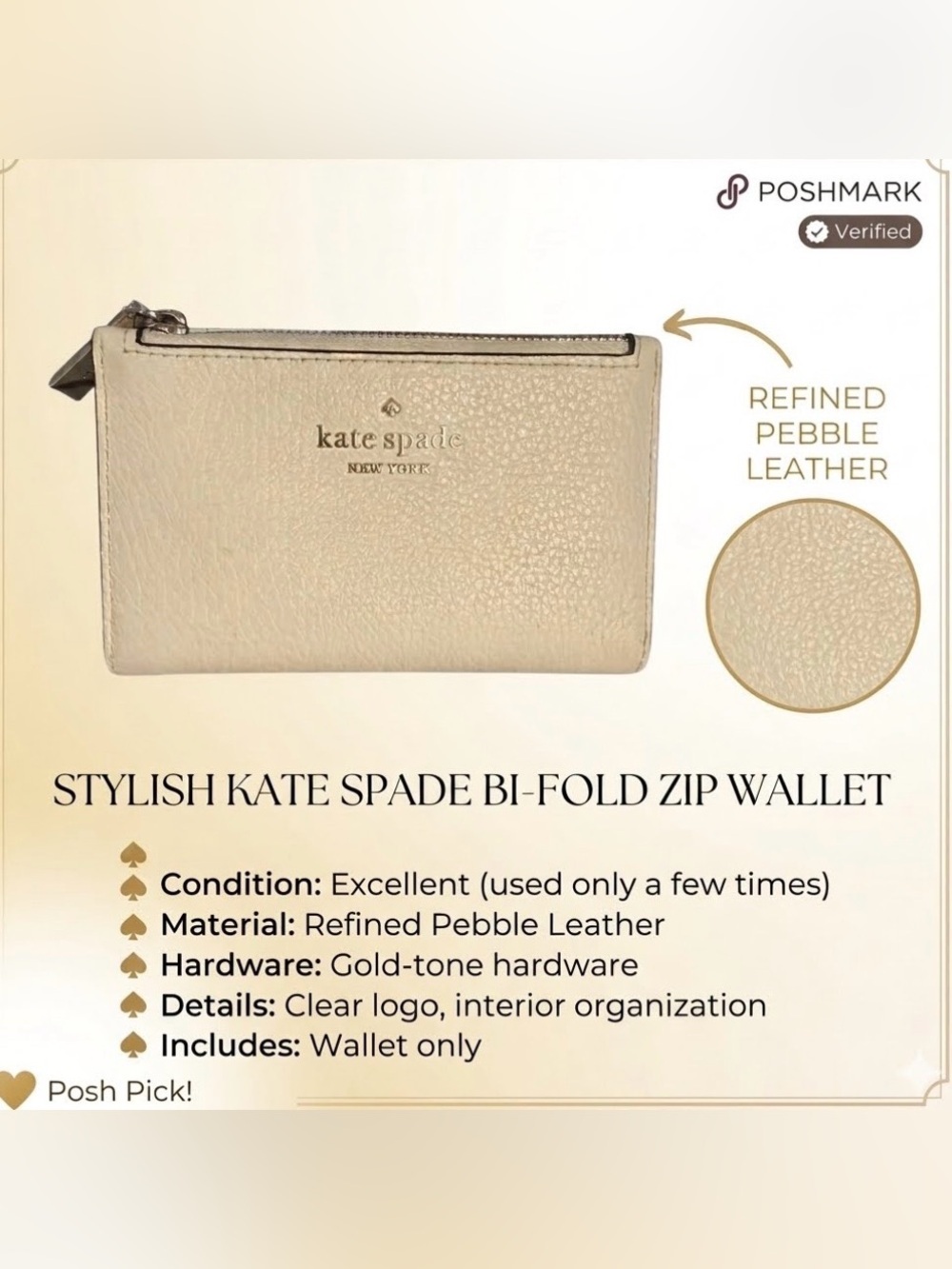 kate spade cream pebble leather zip bi-fold wallet